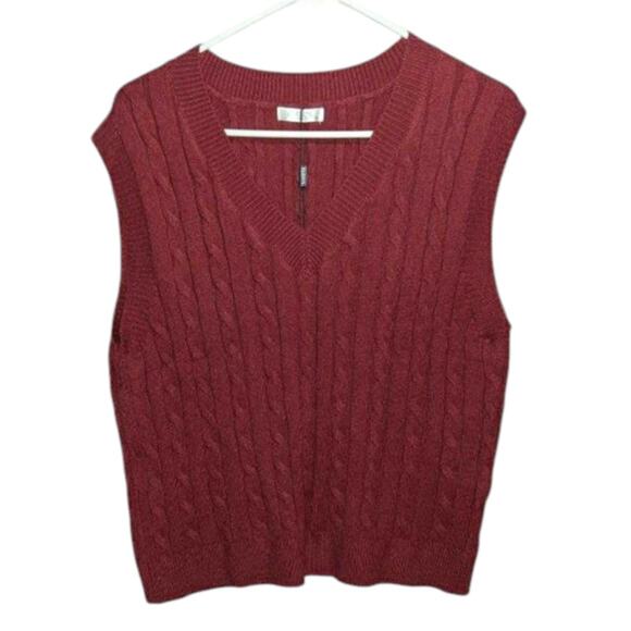 Elesol Women’s Burgundy Cable Knit Sweater Vest XL Cozy Fall Layering Pullover - Picture 1 of 6
